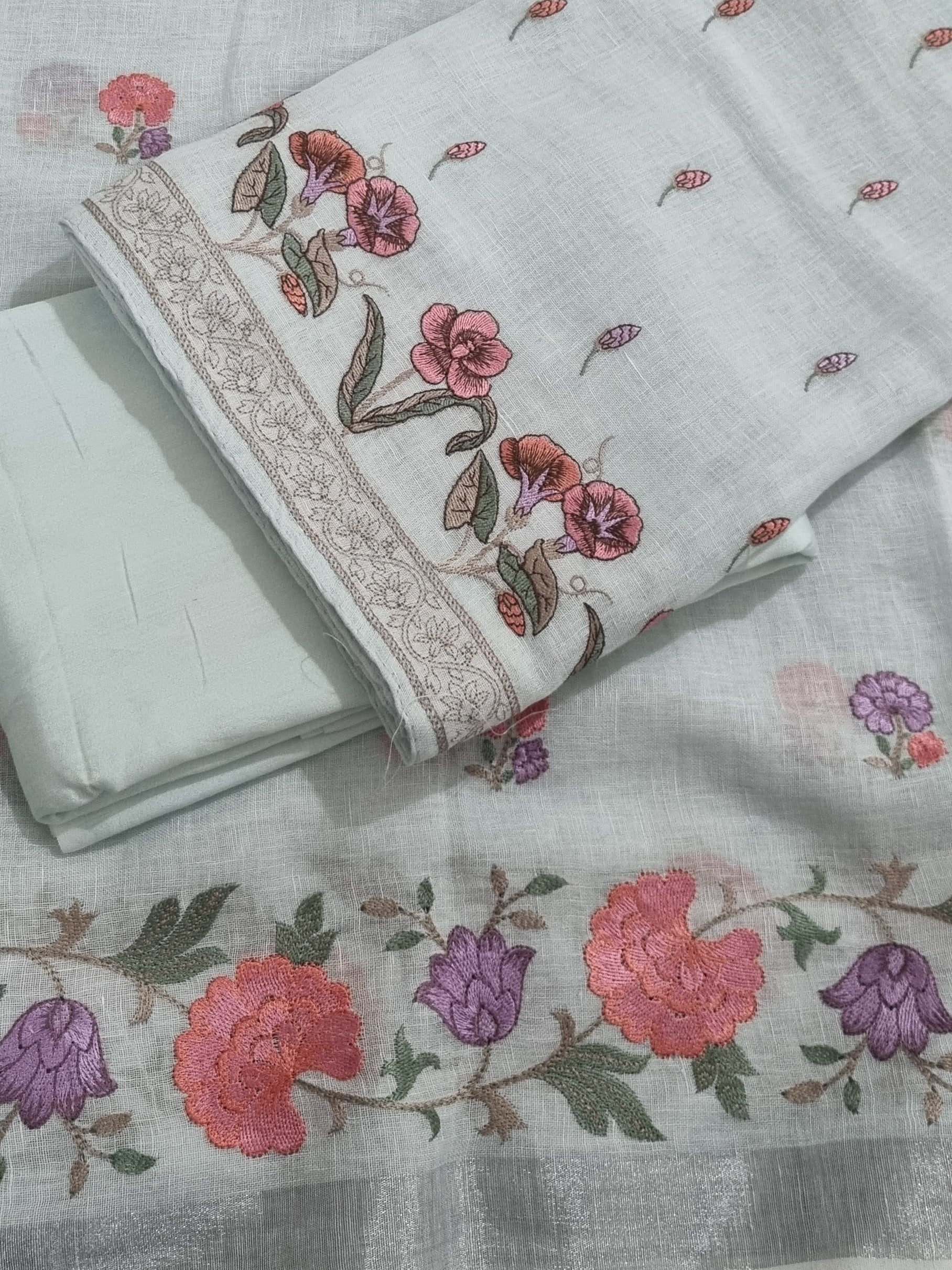 Baby blue Indian handloom linen 3-piece unstitched suit set – flat lay