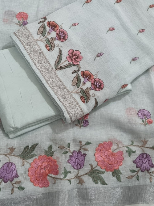 Baby blue Indian handloom linen 3-piece unstitched suit set – flat lay