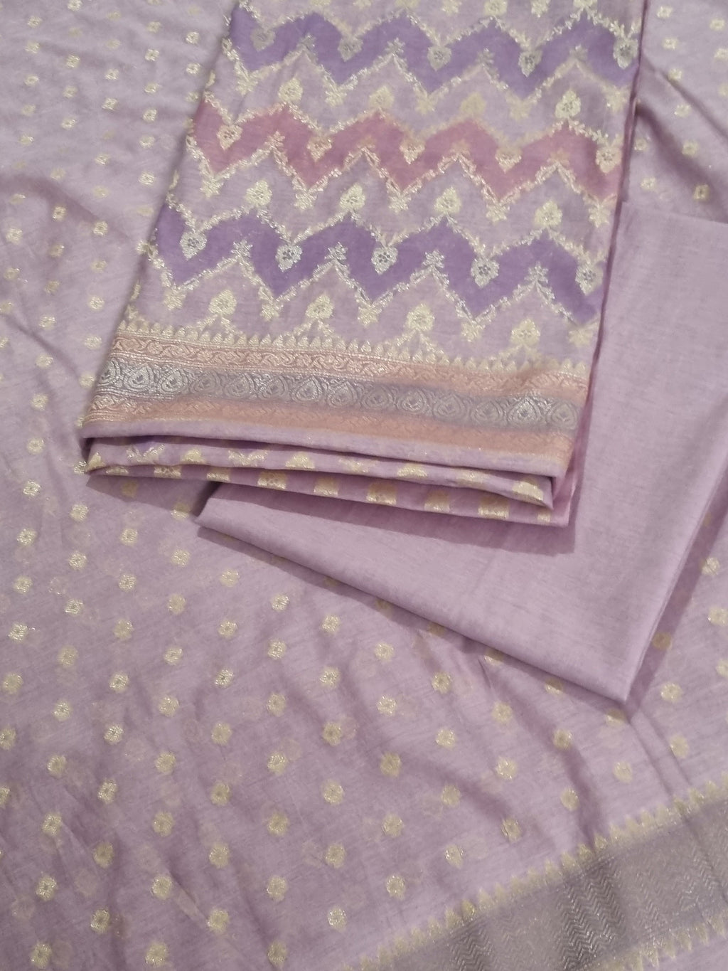 Purple Chanderi silk 3-piece unstitched suit set with Banarasi weave – detail view