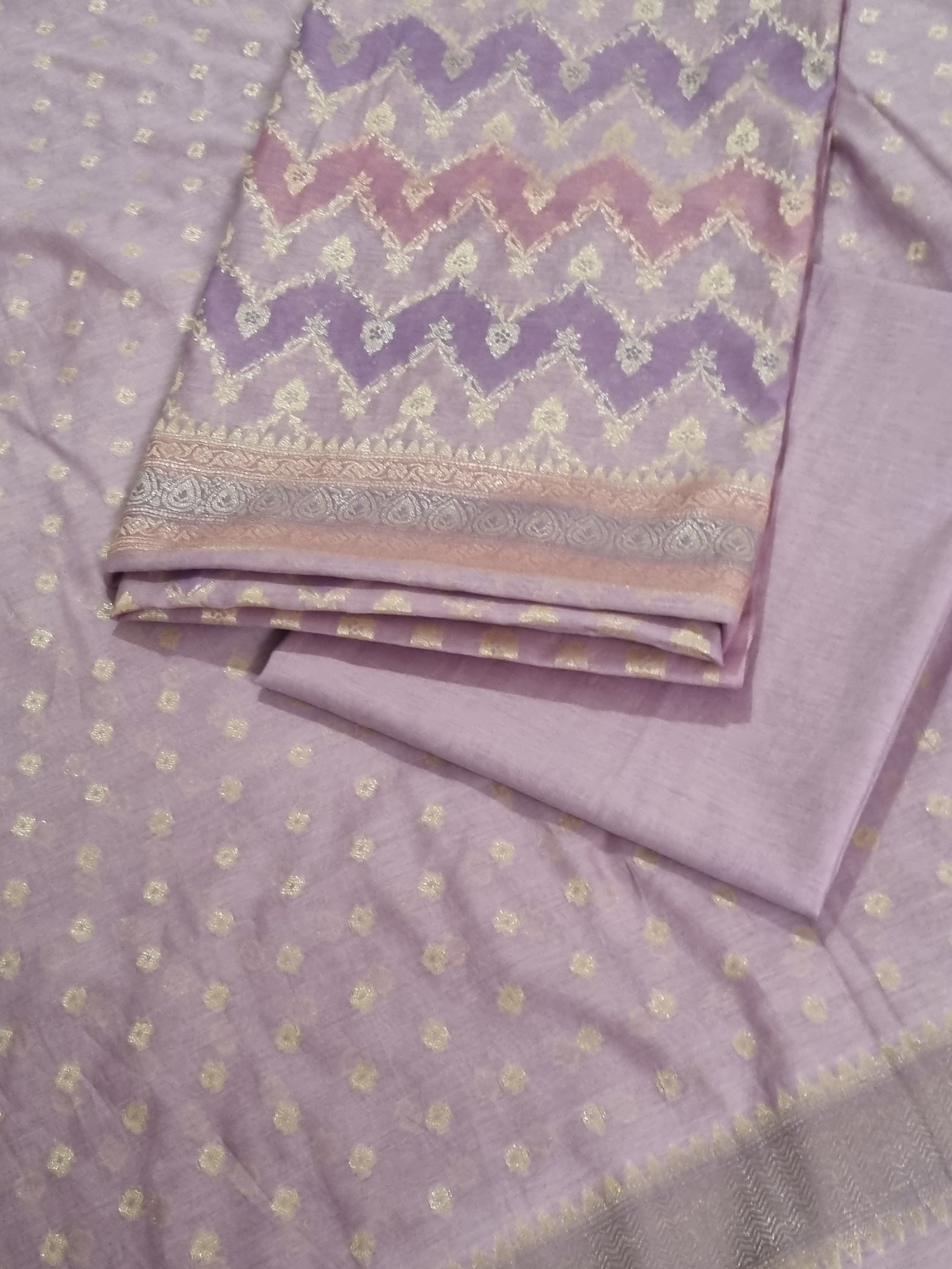 Purple Chanderi silk 3-piece unstitched suit set with Banarasi weave – detail view