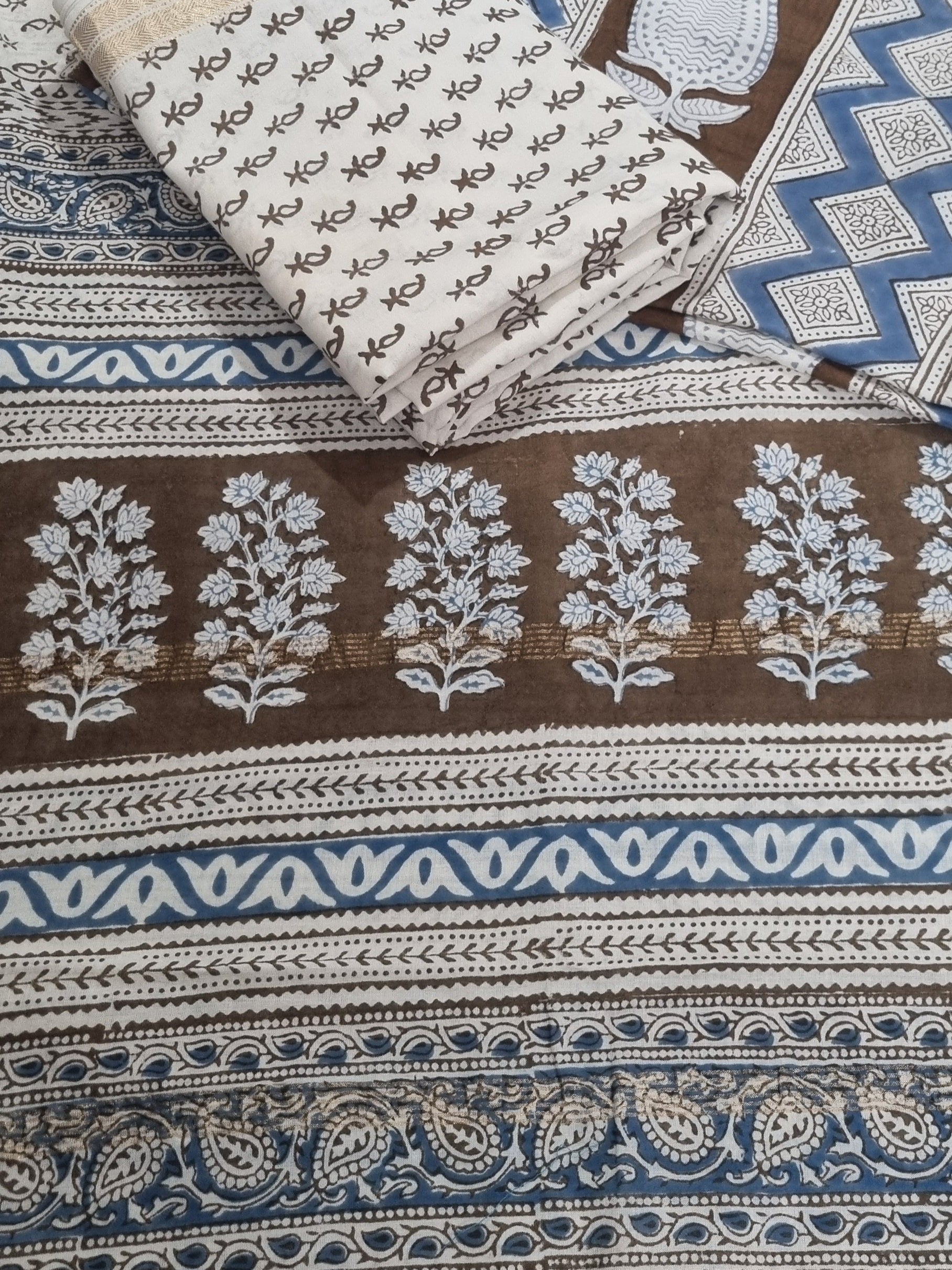 Bagh Hand Block Print Detail – Chanderi Silk – Cream & Brown