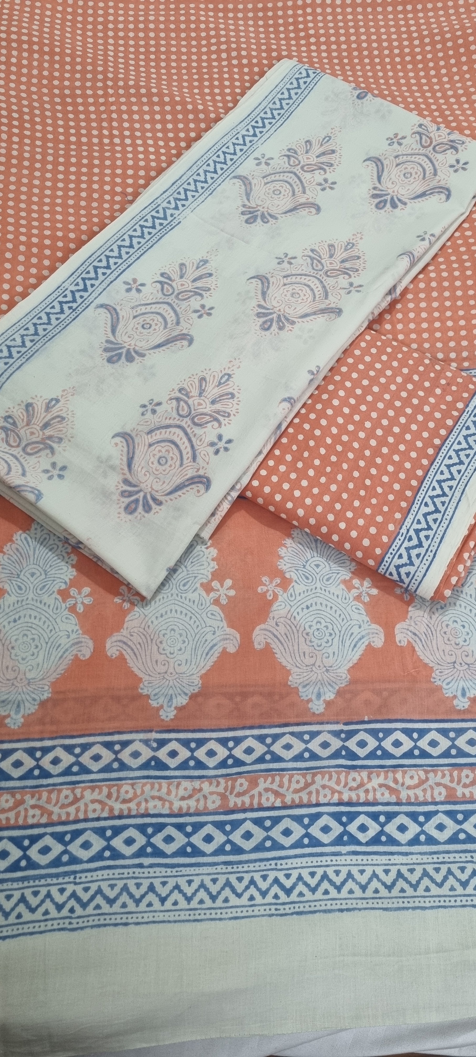 Bagh Hand Block Print Detail – Cotton – Orange & Blue – Natural Dyes