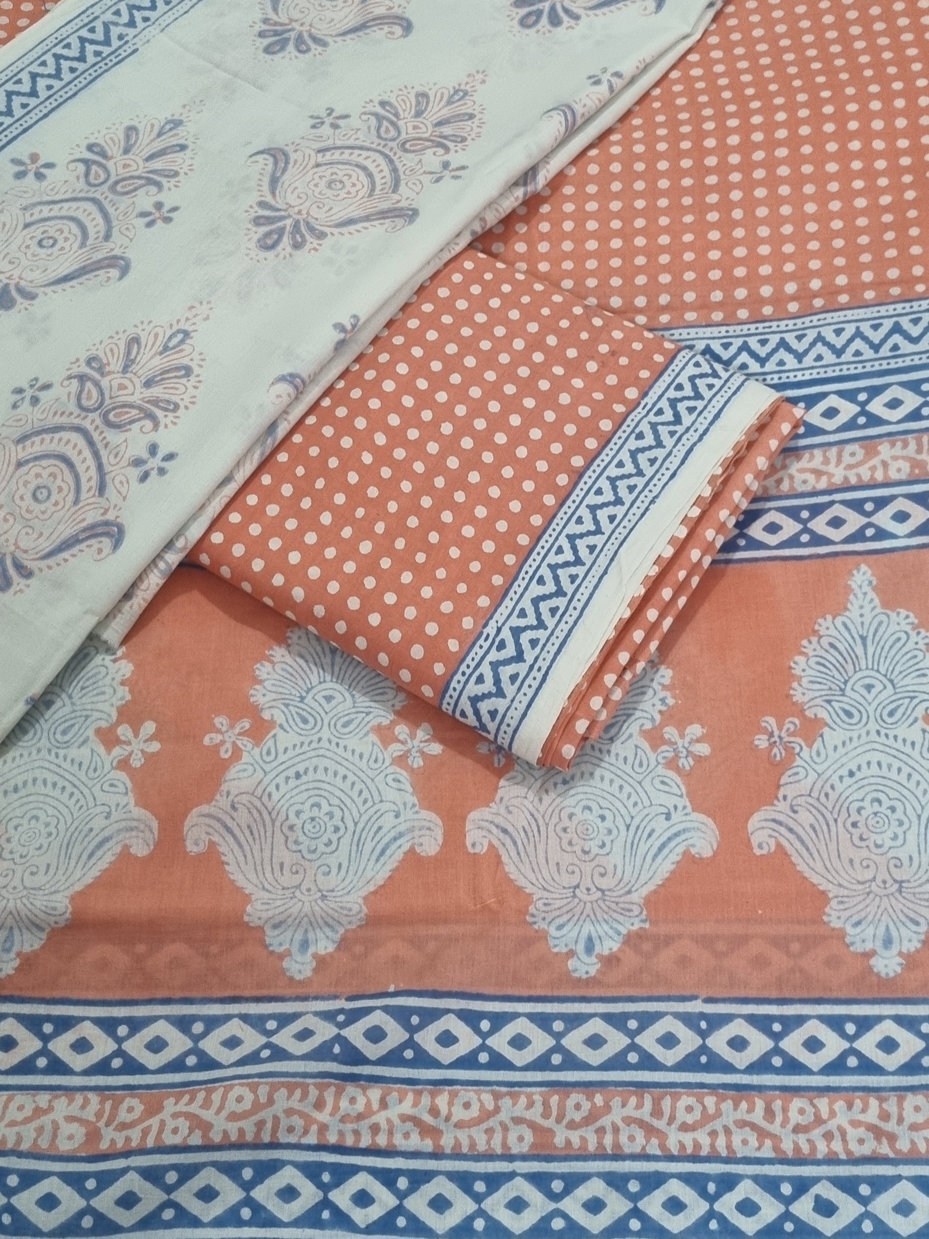 Cotton 3-Piece Suit Flat Lay – Kurta, Dupatta & Bottom – Orange & Blue