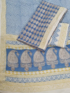 3-Piece Unstitched Suit Set – Cotton Handloom Bagh Print, Blue & Yellow