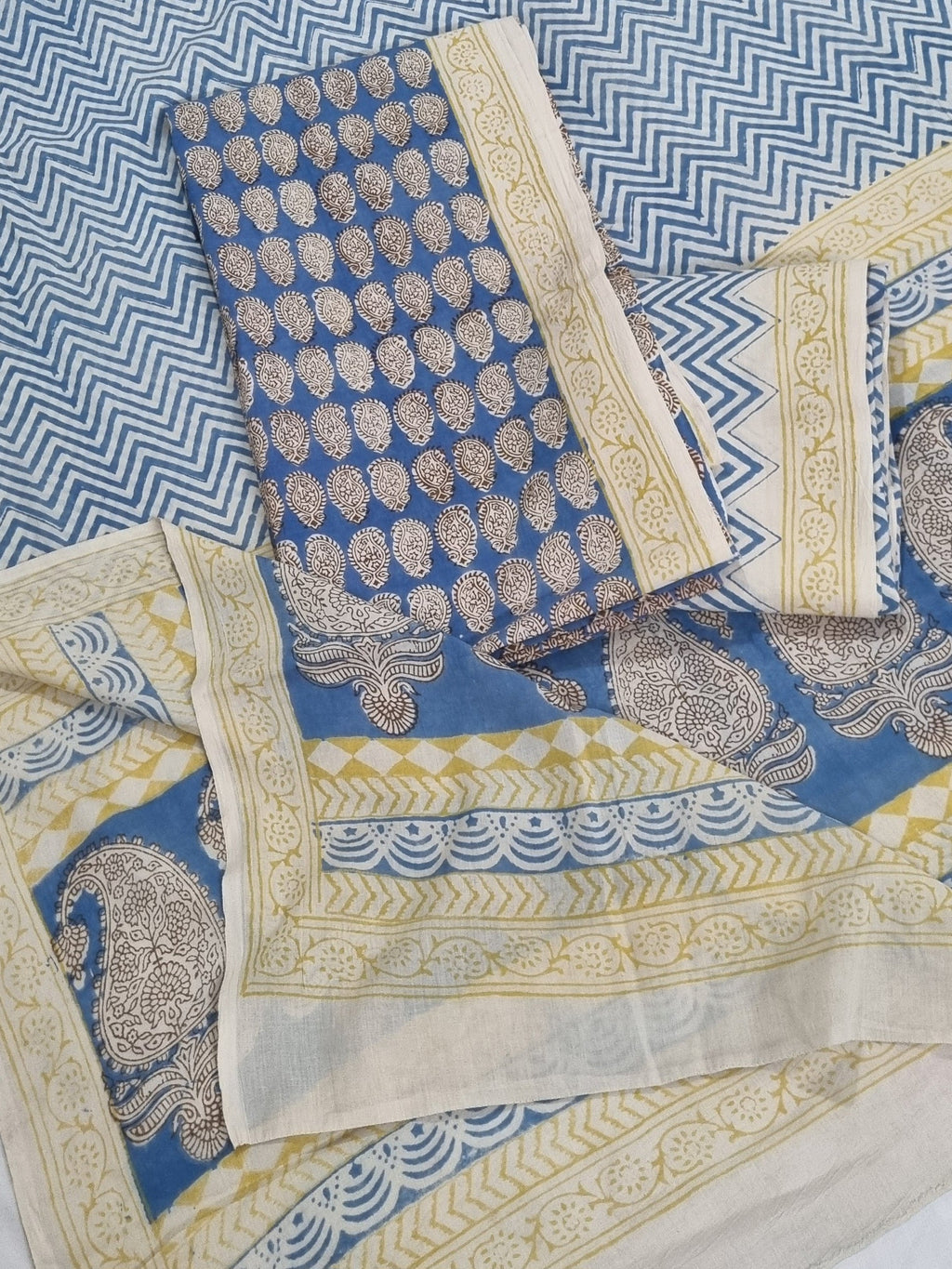 Bagh Block Print Unstitched Fabric – Yellow & Blue Handloom Close-up