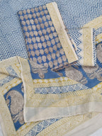 Bagh Block Print Unstitched Fabric – Yellow & Blue Handloom Close-up