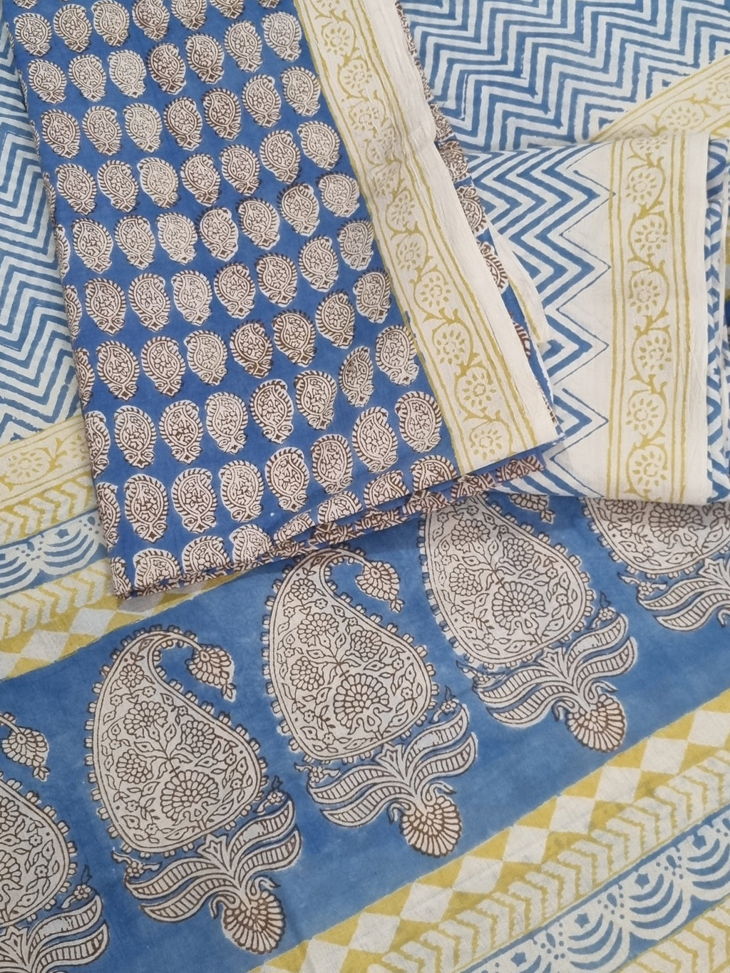 Bagh Hand Block Print Detail – Cotton – Blue & Yellow – Zigzag Pattern – Natural Dyes