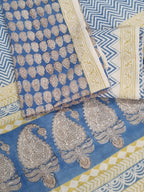 Bagh Hand Block Print Detail – Cotton – Blue & Yellow – Zigzag Pattern – Natural Dyes
