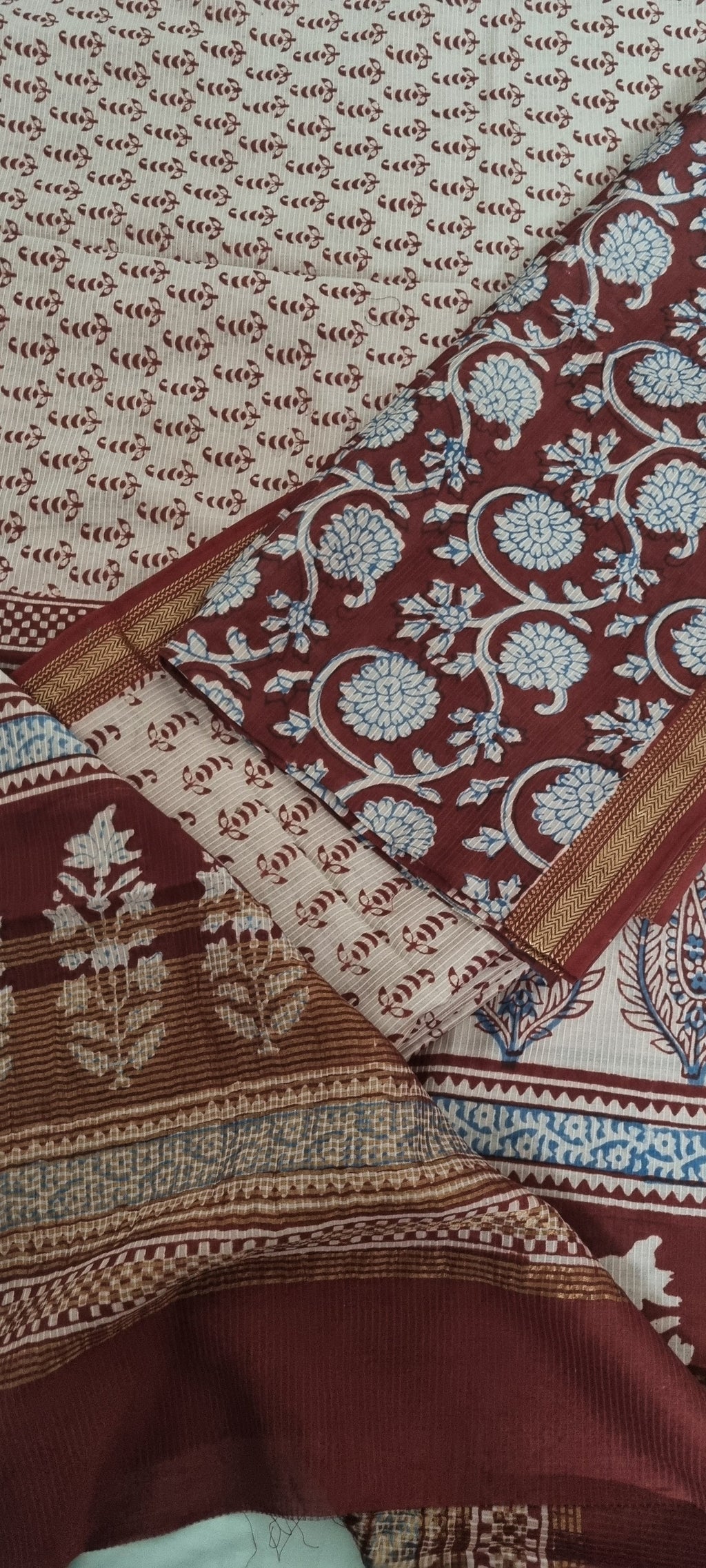 Full Length View – Maheshwari Silk 3-Piece Unstitched Suit – Maroon – Bagh Print