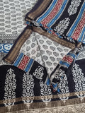 Maheshwari silk unstitched suit with Bagh hand block print in black, blue, maroon and beige – full set flat lay