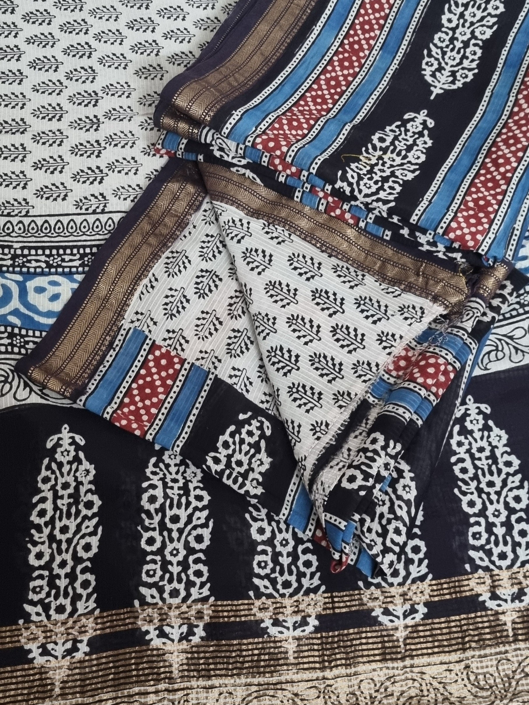Maheshwari silk unstitched suit with Bagh hand block print in black, blue, maroon and beige – full set flat lay