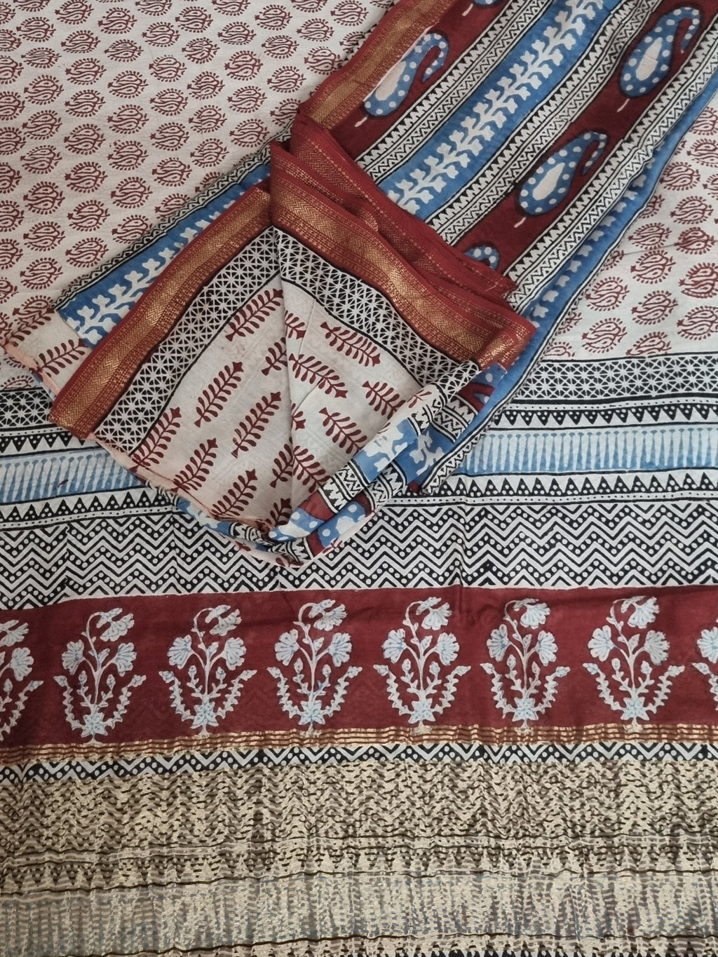 "3-Piece Unstitched Suit Set Flat Lay – Kurta, Dupatta & Bottom – Maheshwari Silk"