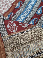 "Bagh Print Kurta Fabric Close-up – Maheshwari Silk – Maroon & Blue"