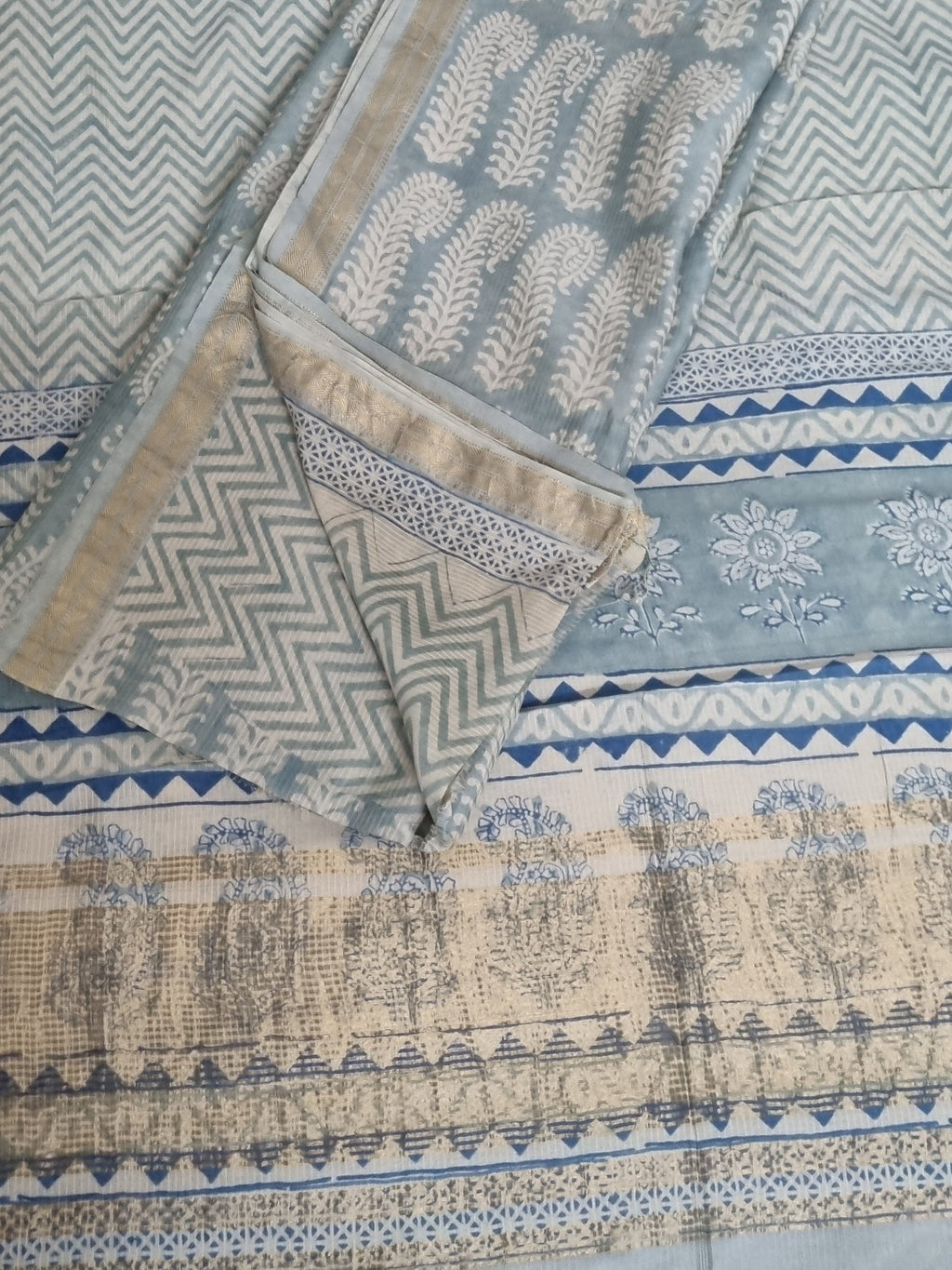 Bagh Hand Block Print Detail – Maheshwari Silk – Powder Blue – Natural Dyes