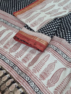Maheshwari Silk 3-Piece Suit Flat Lay – Kurta, Dupatta & Bottom – Maroon Beige & Black