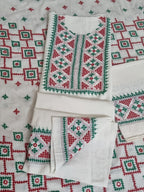 3-piece cream Sindhi embroidered unstitched suit in red and green – fabric detail