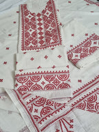 3-piece cream & red Sindhi embroidered unstitched suit – dupatta and fabric view