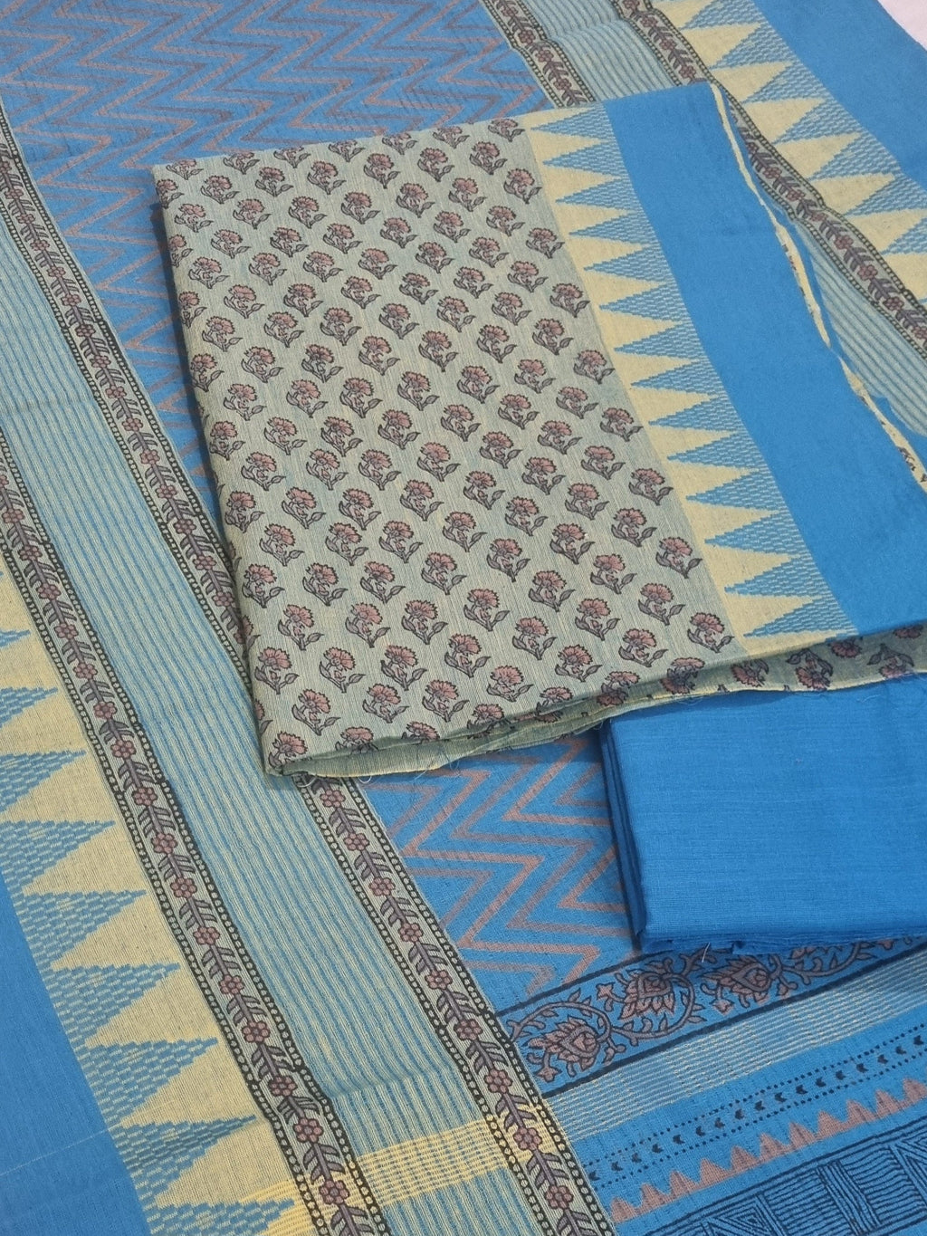 Blue & Green Cotton 3-Piece Unstitched Suit – Indian Handloom