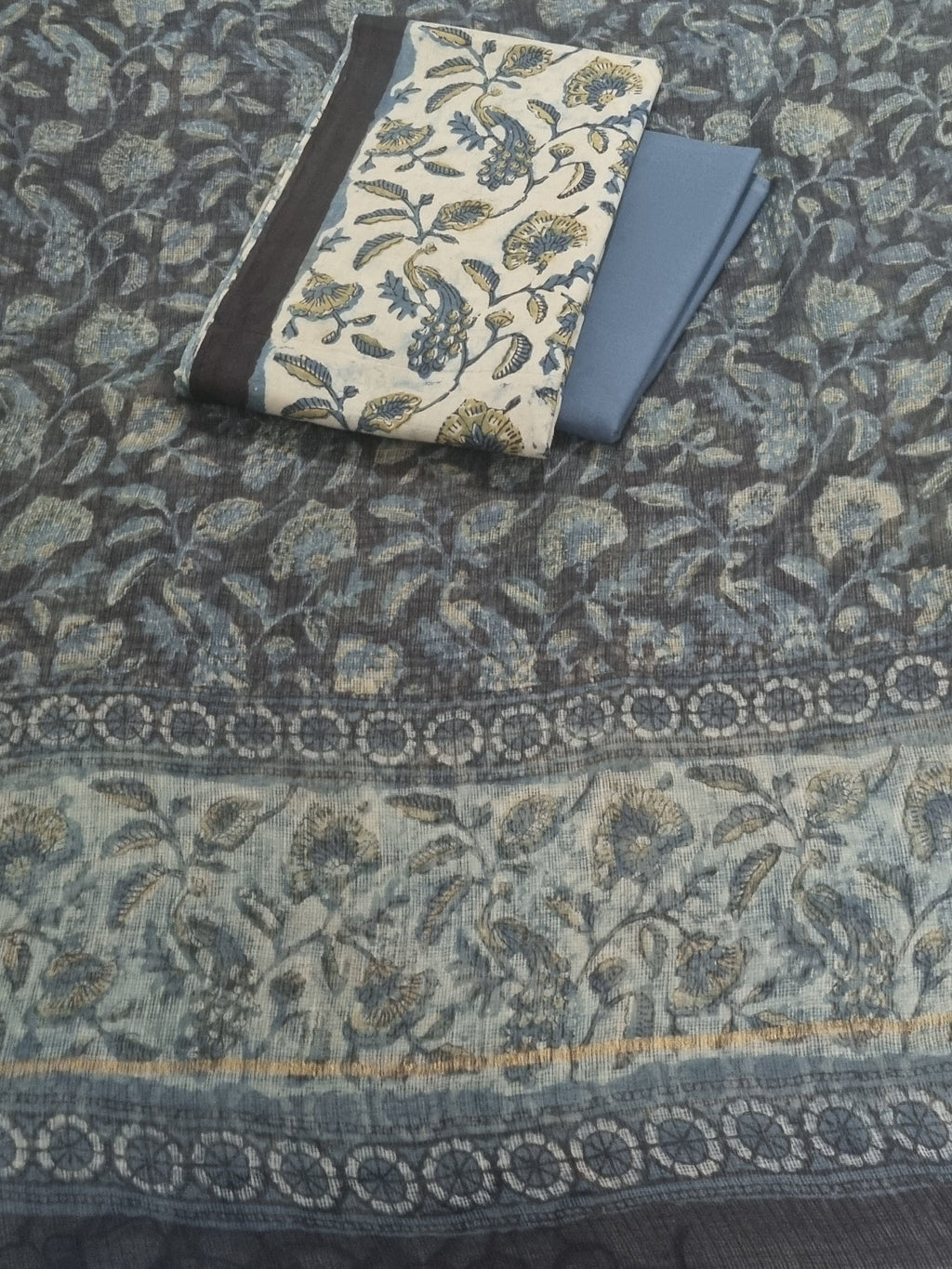 Block Print Cotton Suit Fabric Close-Up – Blue & Ivory Unstitched 3-Piece Set