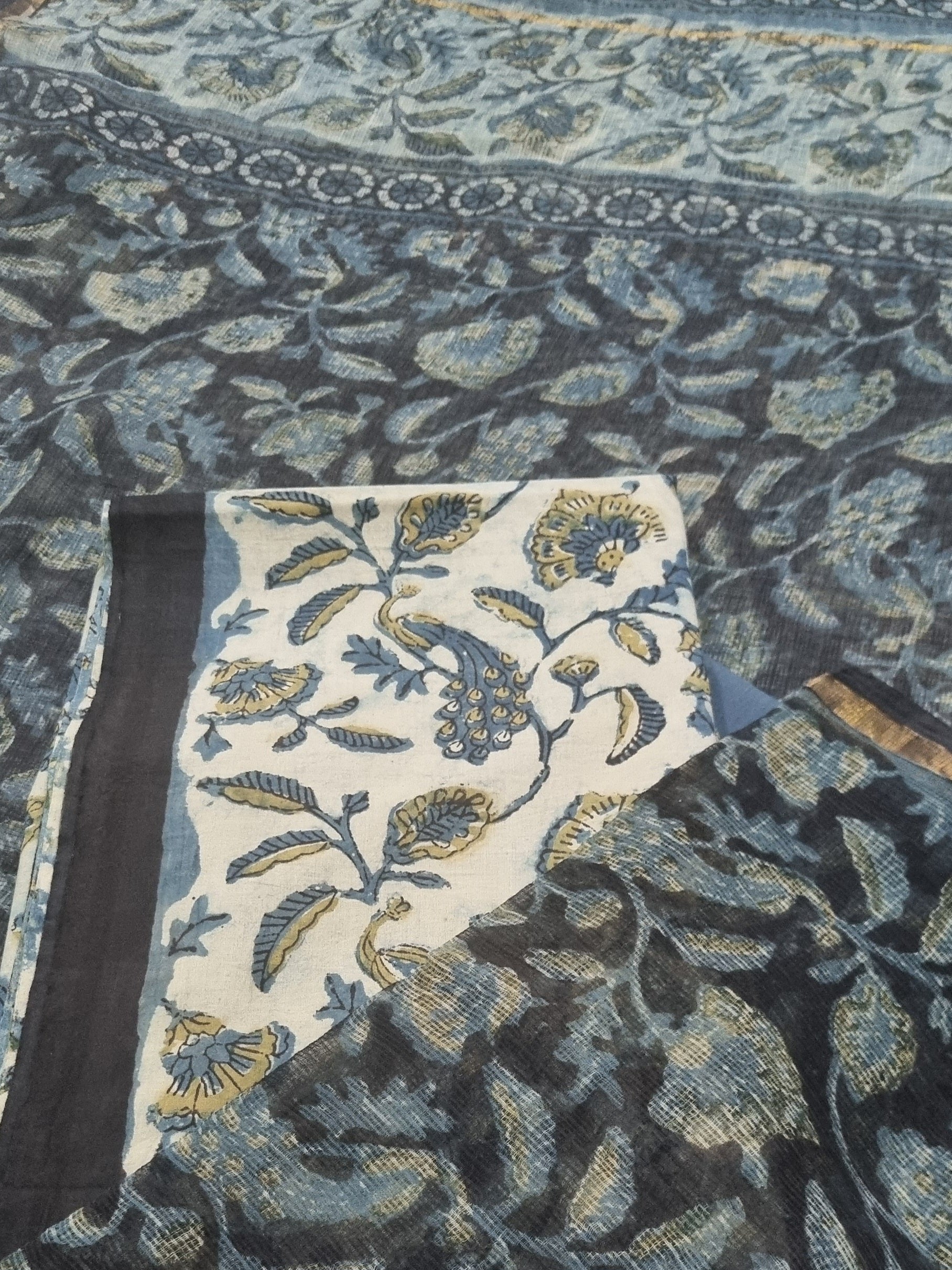 Kota Doria Dupatta with Block Print Cotton Suit – Blue & Ivory Handloom Set