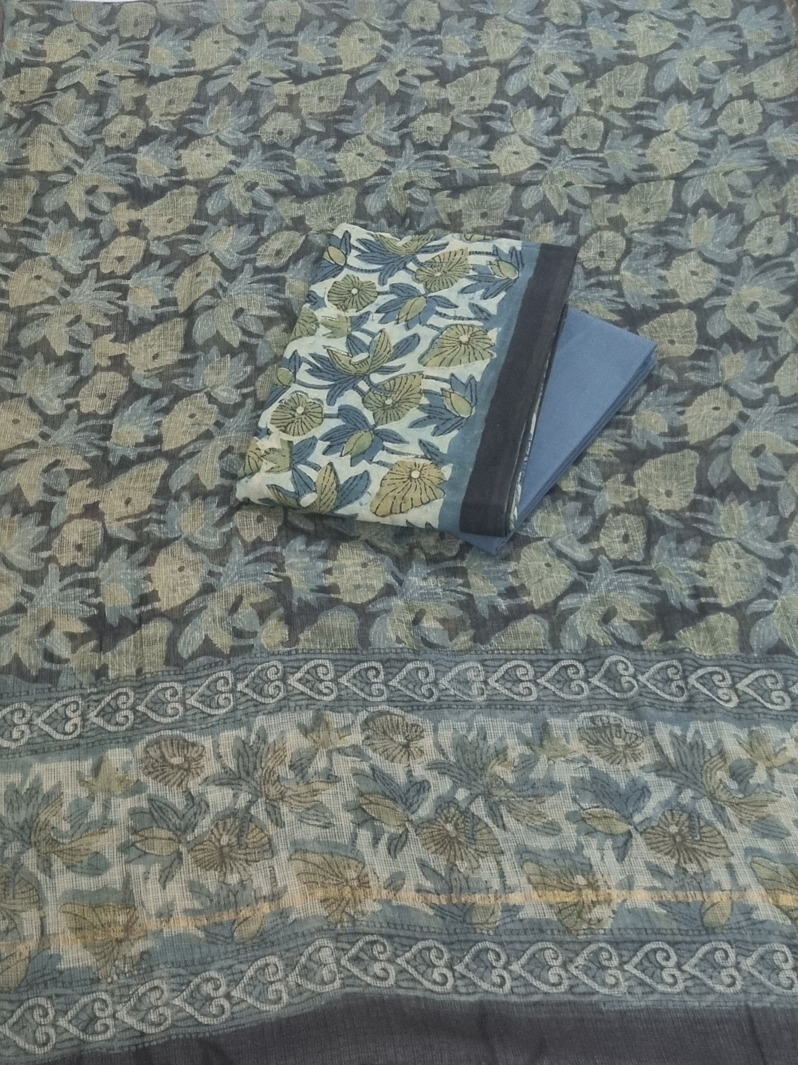 Vanaspati Indian handloom unstitched suit – blue green block print cotton detail