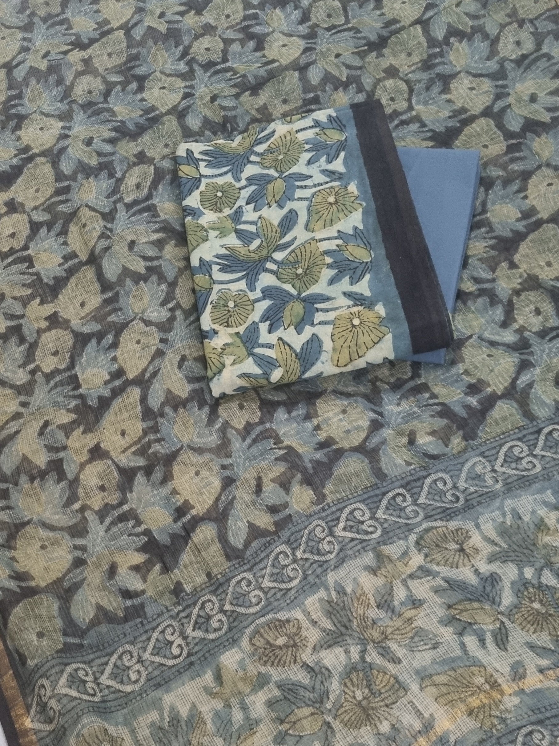 Vanaspati botanical block print cotton fabric – blue and green unstitched 3-piece suit set