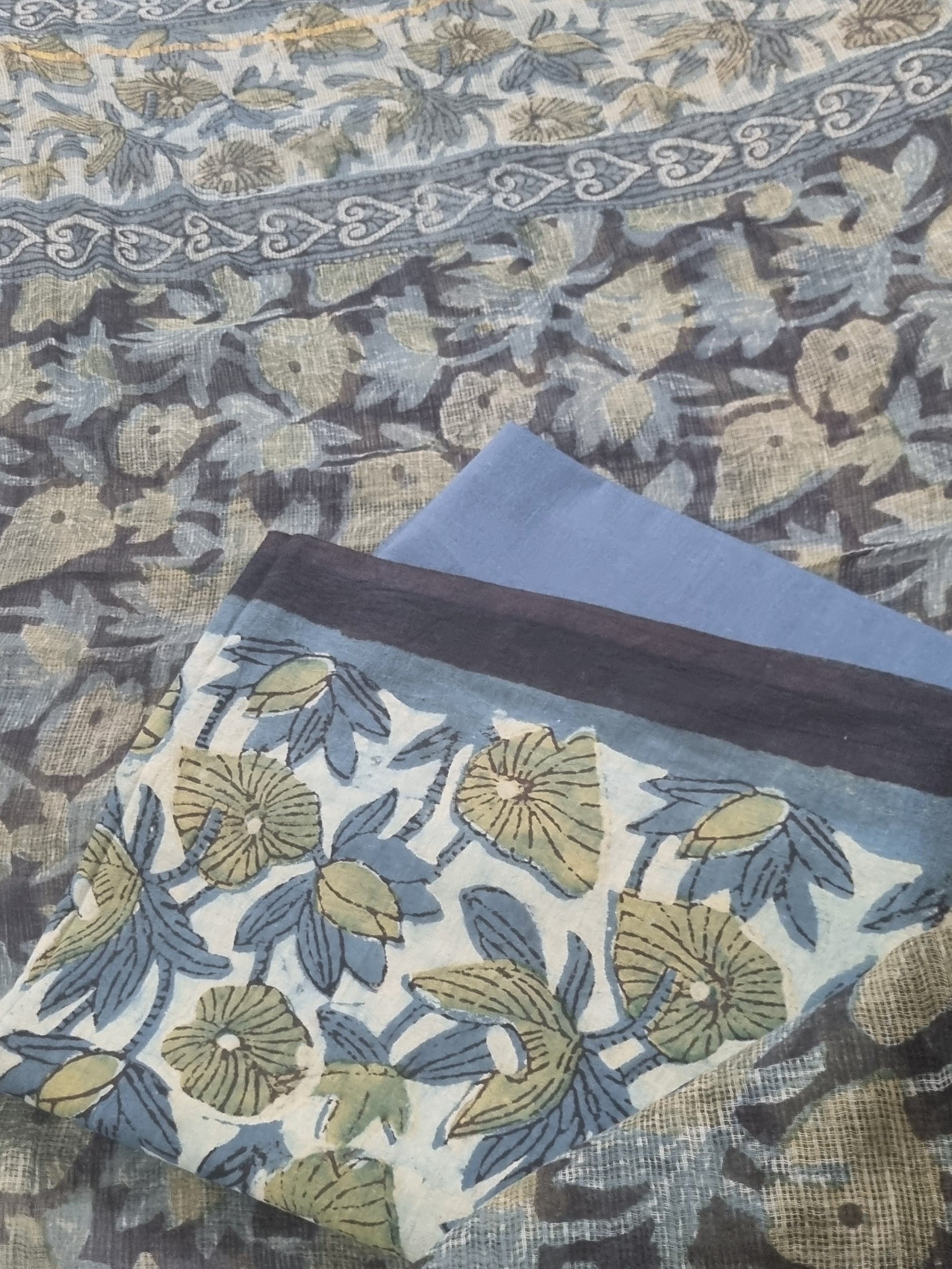 Kota Doria dupatta with blue and green block print – part of unstitched suit set