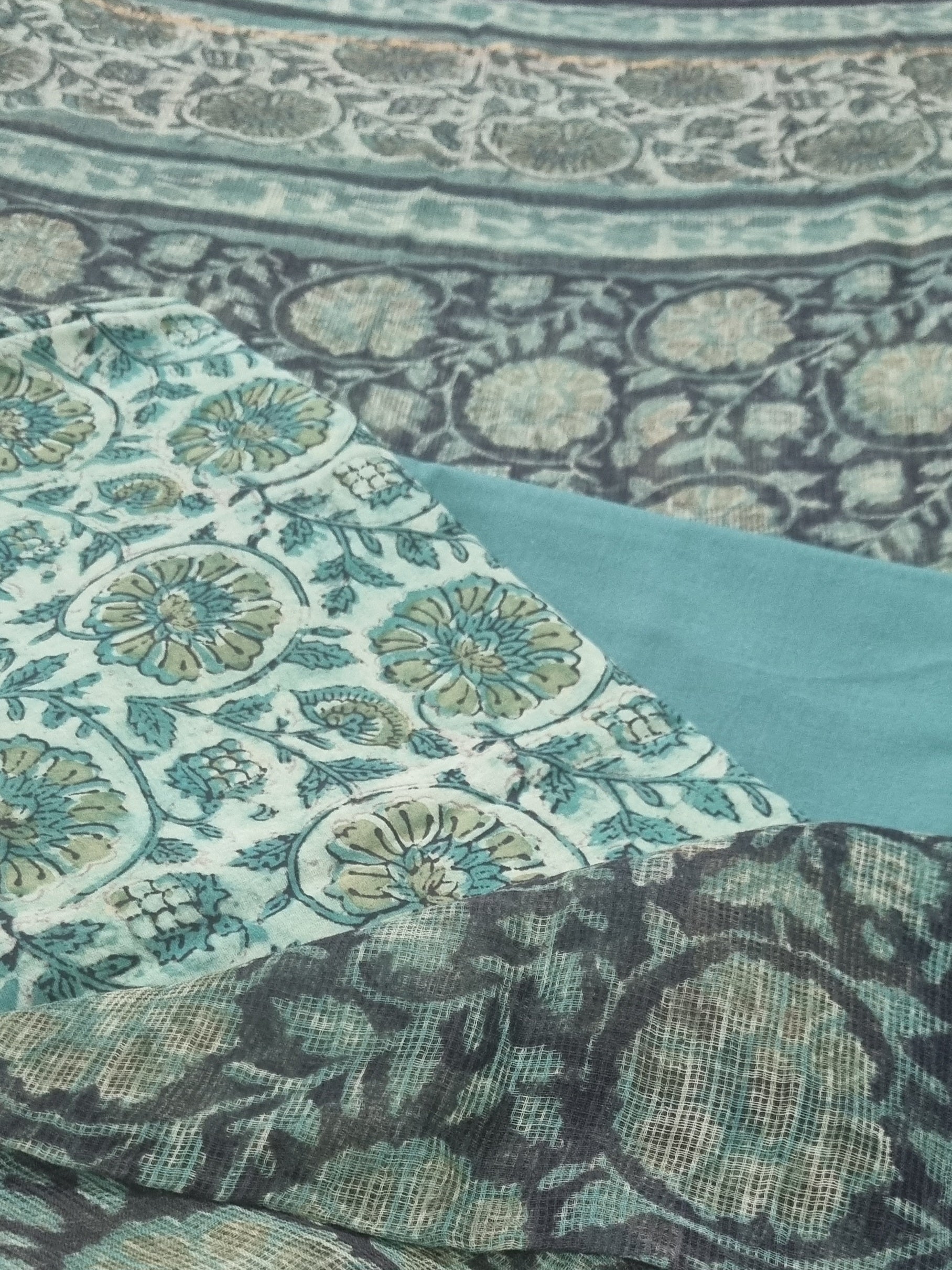 Kota Doria dupatta with green block print cotton suit – detail view