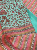 Turquoise green Chanderi silk unstitched suit set with Floral Mughal print – styled flat lay
