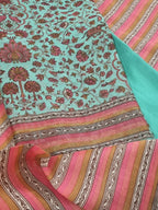 Turquoise green Chanderi silk unstitched suit set with Floral Mughal print – styled flat lay