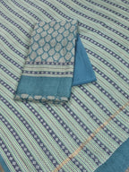 Blue and green Chanderi silk unstitched suit set with printed booti – front flat lay