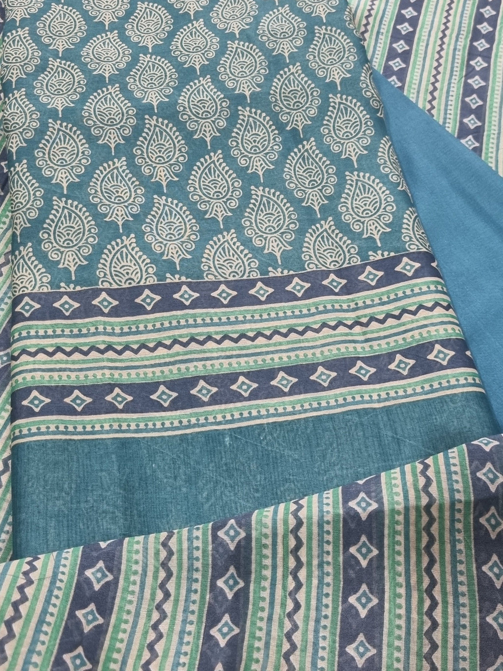 Printed booti Chanderi silk unstitched salwar suit set – blue and green