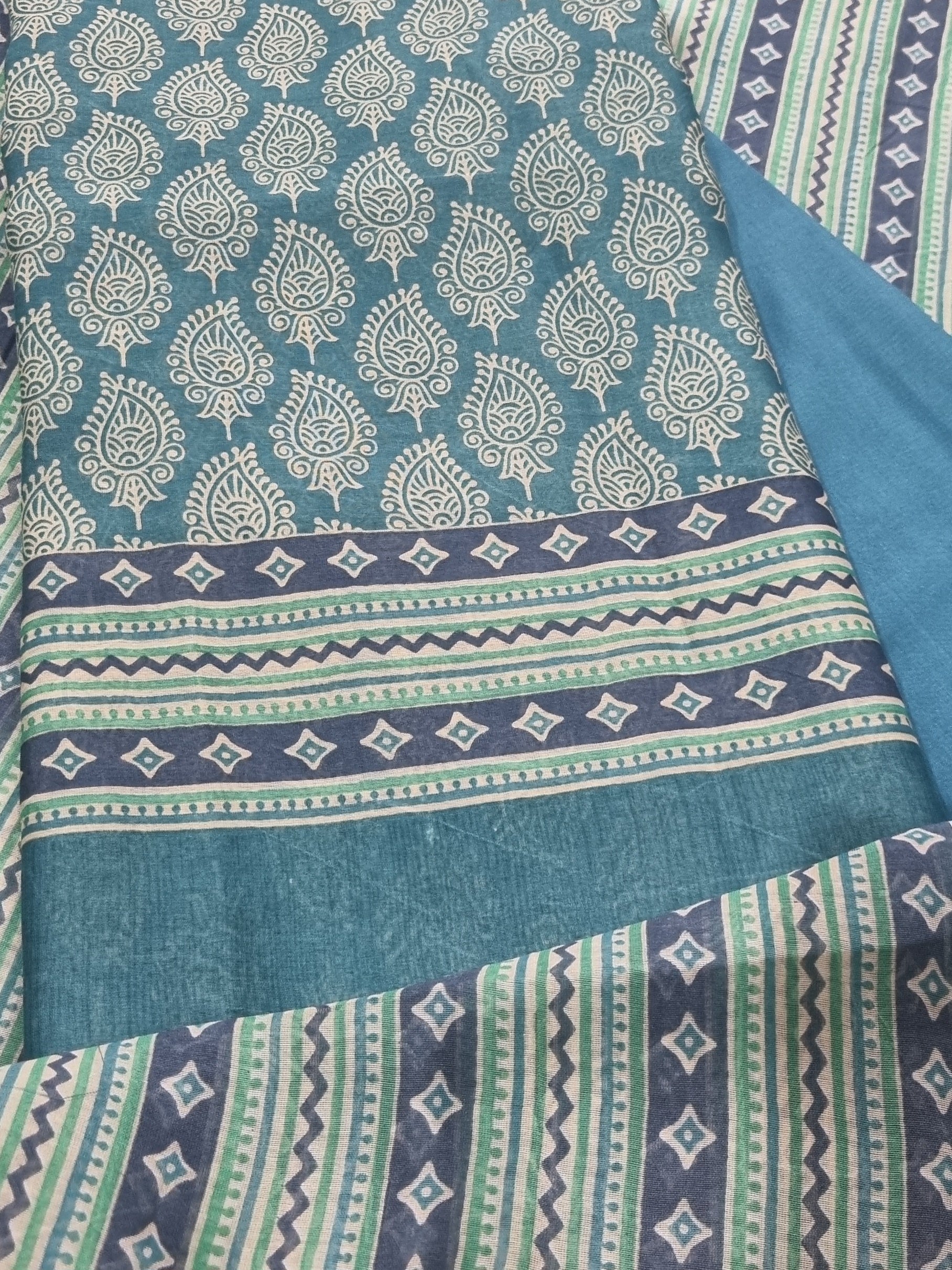 Printed booti Chanderi silk unstitched salwar suit set – blue and green