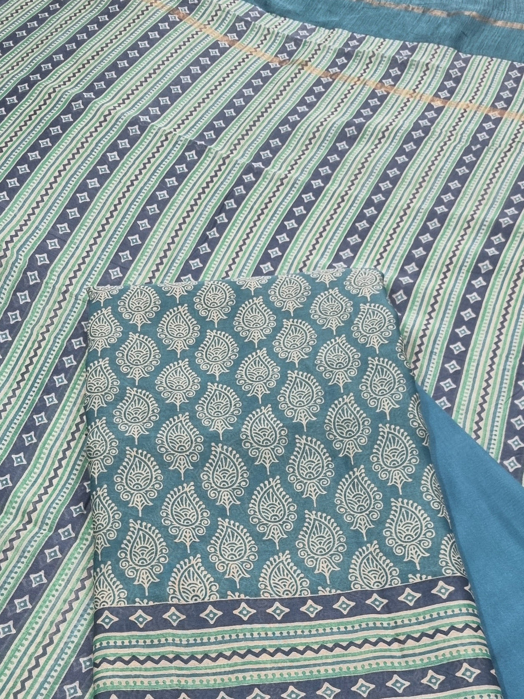 Indian handloom Chanderi silk 3-piece suit set with booti print – blue green