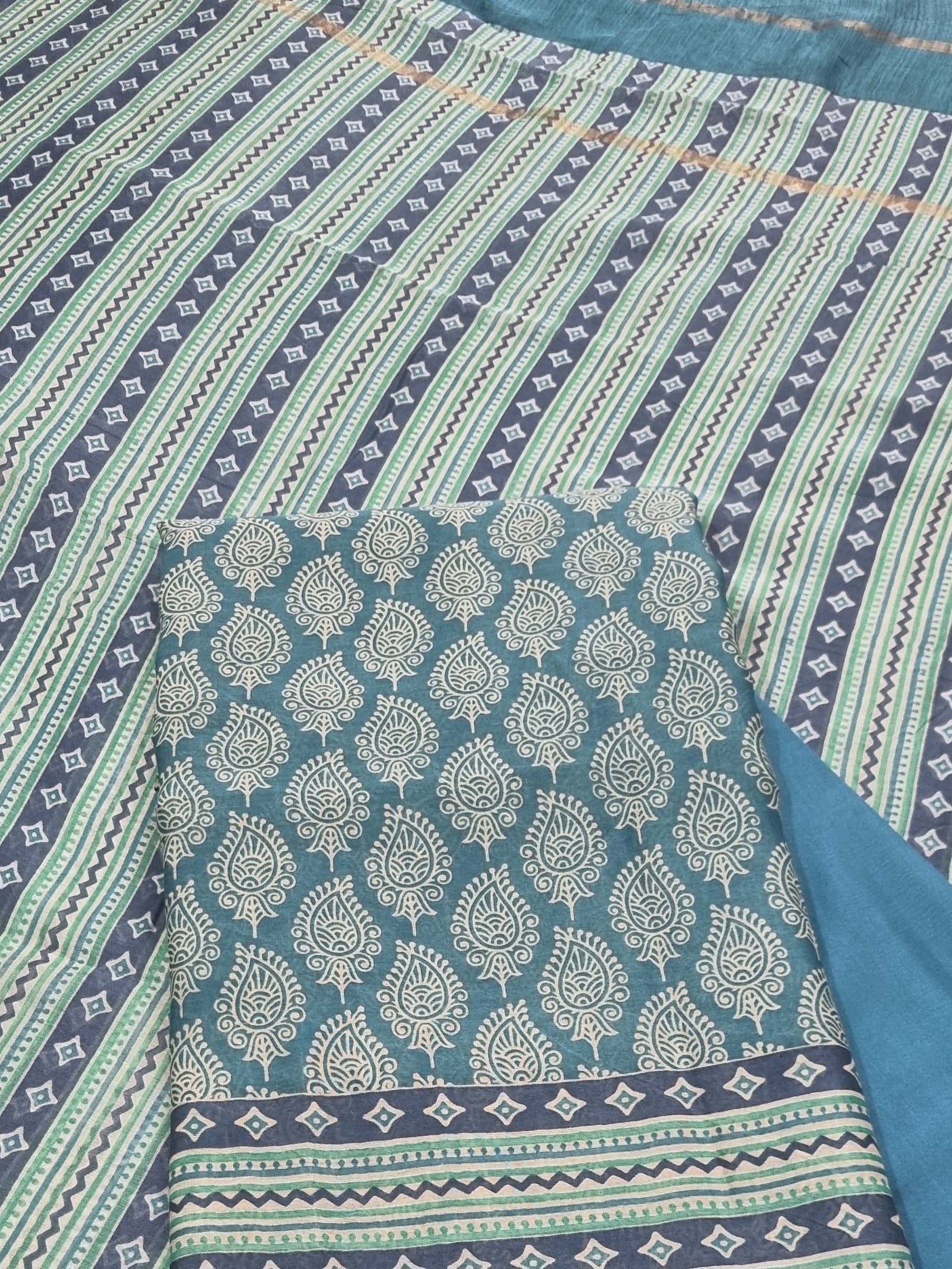 Indian handloom Chanderi silk 3-piece suit set with booti print – blue green
