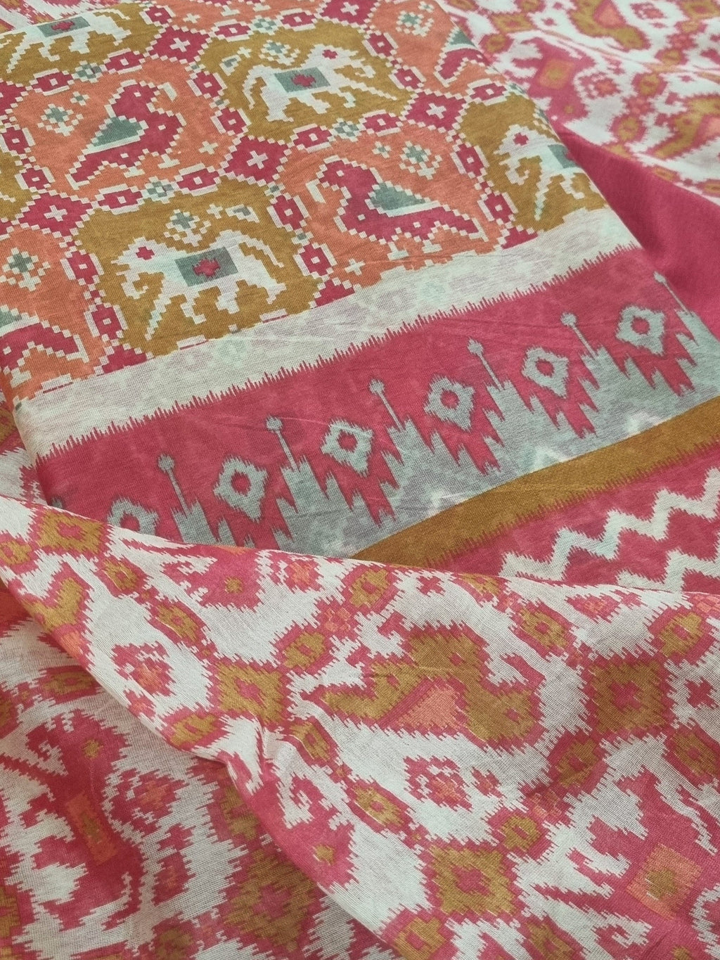 Patola print Chanderi Silk unstitched suit set – red green orange – full lay flat view