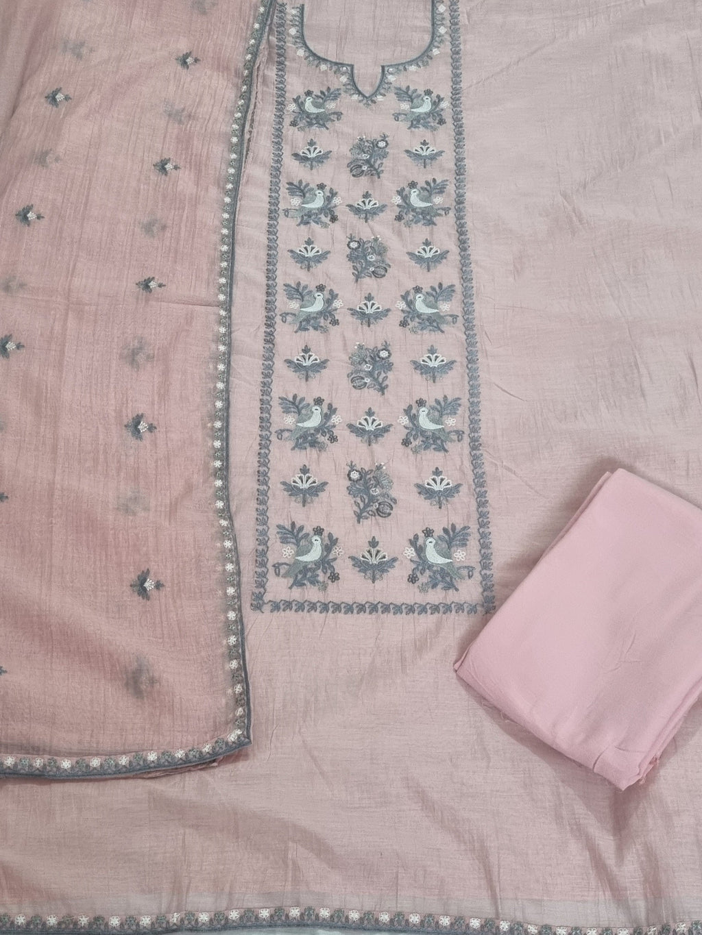 Powder pink Chanderi Silk 3-piece unstitched suit – full flat lay