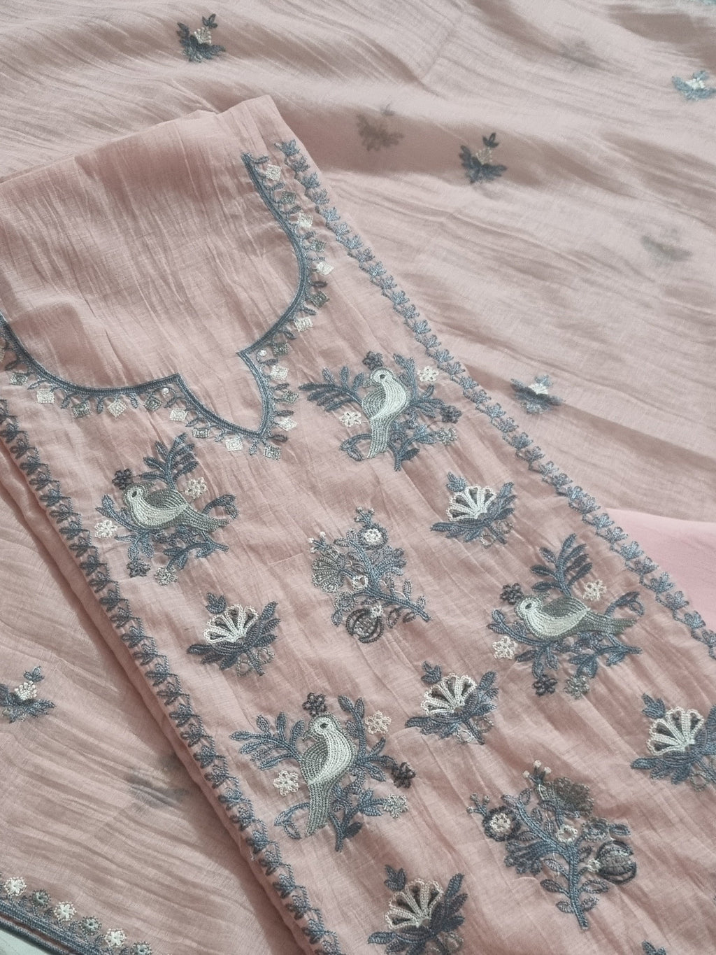 Powder pink Chanderi Silk kurta fabric with machine embroidery detail