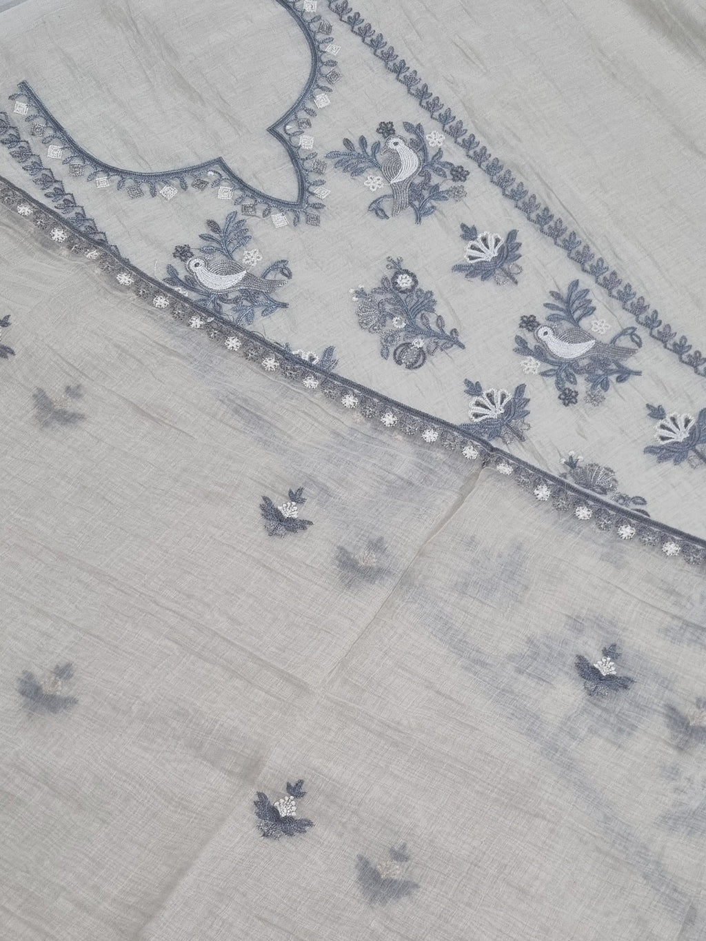 Off White Chanderi Silk Kurta Fabric with Machine Embroidered Front Panel – Tantuvanacrafts