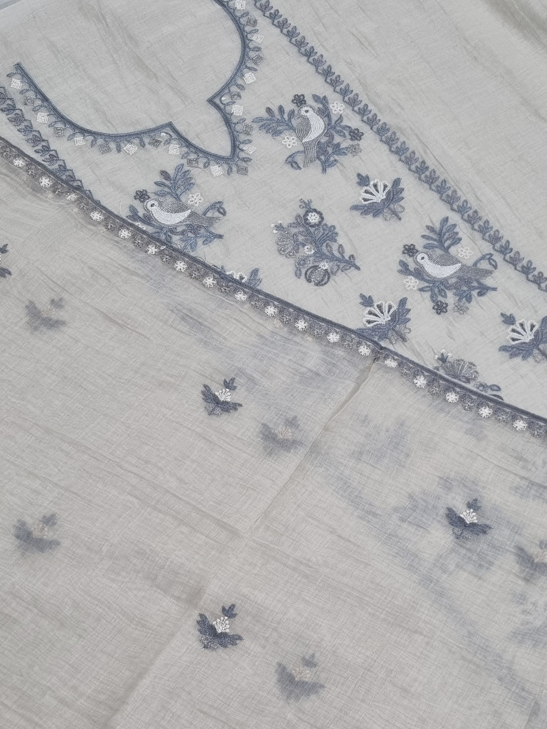 Off White Chanderi Silk Kurta Fabric with Machine Embroidered Front Panel – Tantuvanacrafts