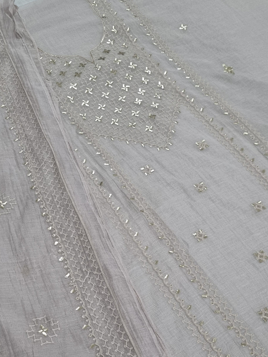 Chanderi Silk 3-Piece Unstitched Suit Set | Pita Work Embroidery | Indian Handloom