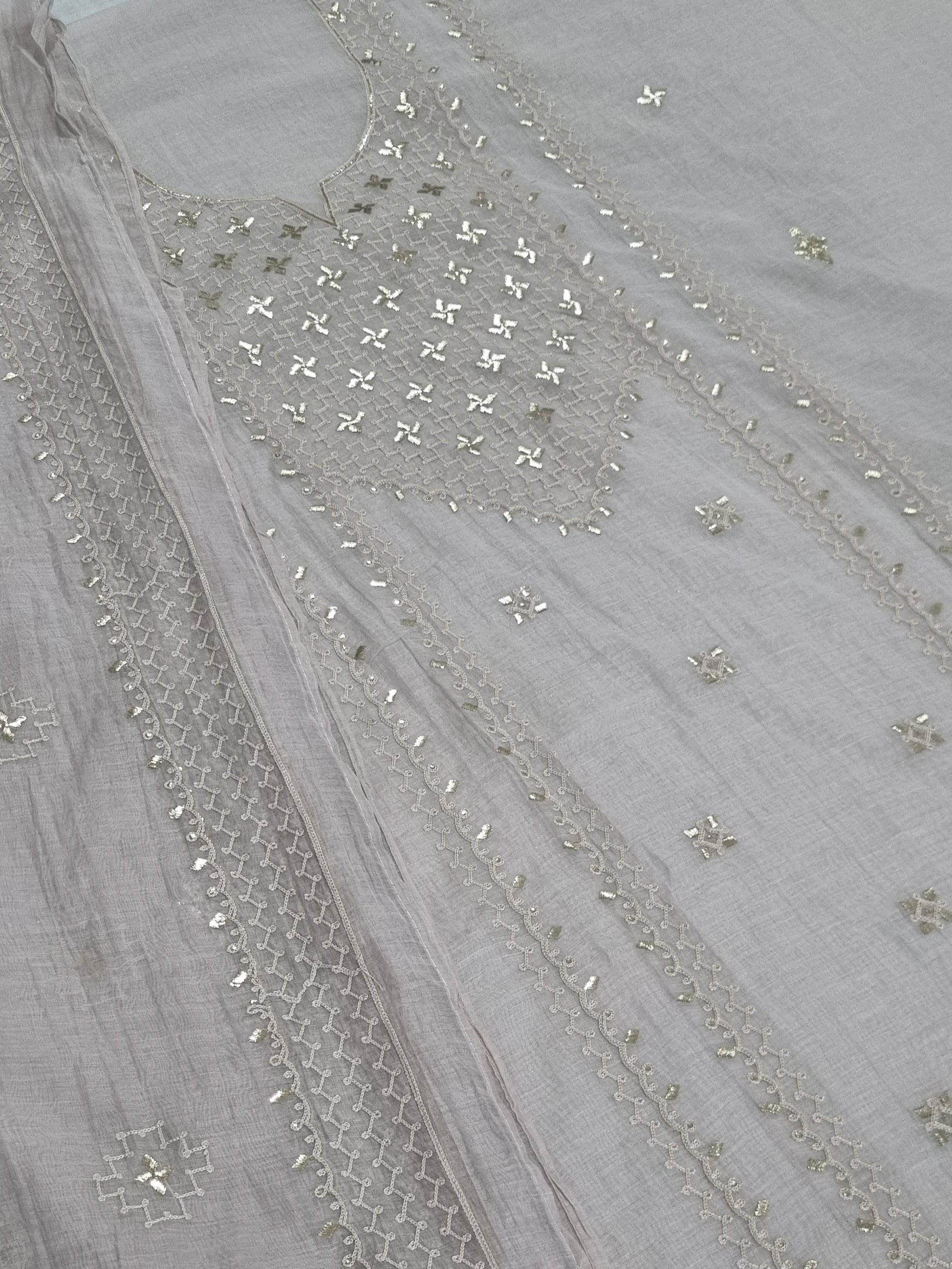 Chanderi Silk 3-Piece Unstitched Suit Set | Pita Work Embroidery | Indian Handloom