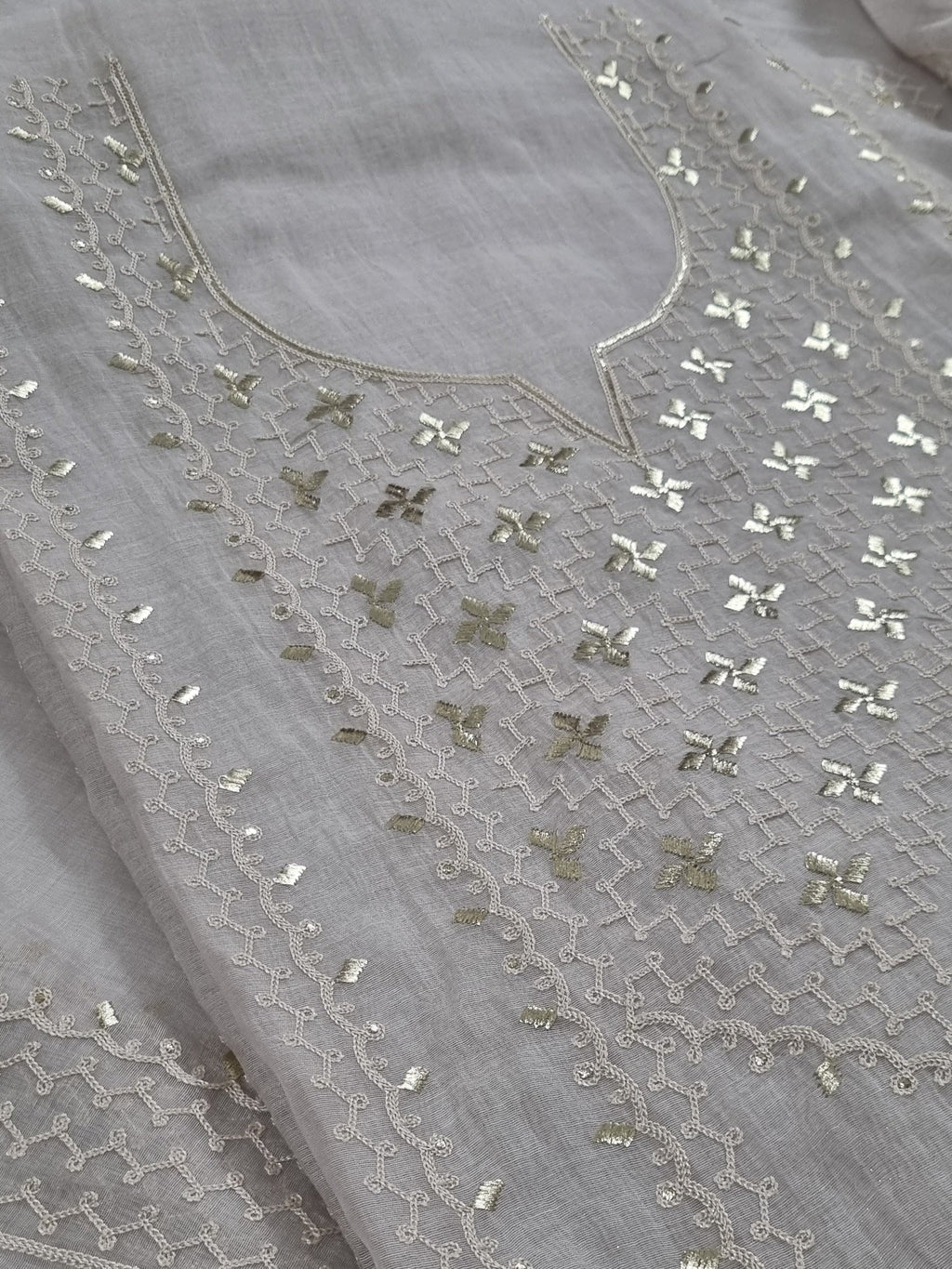 Chanderi Silk 3-Piece Unstitched Suit Set | Pita Work Embroidery | Indian Handloom