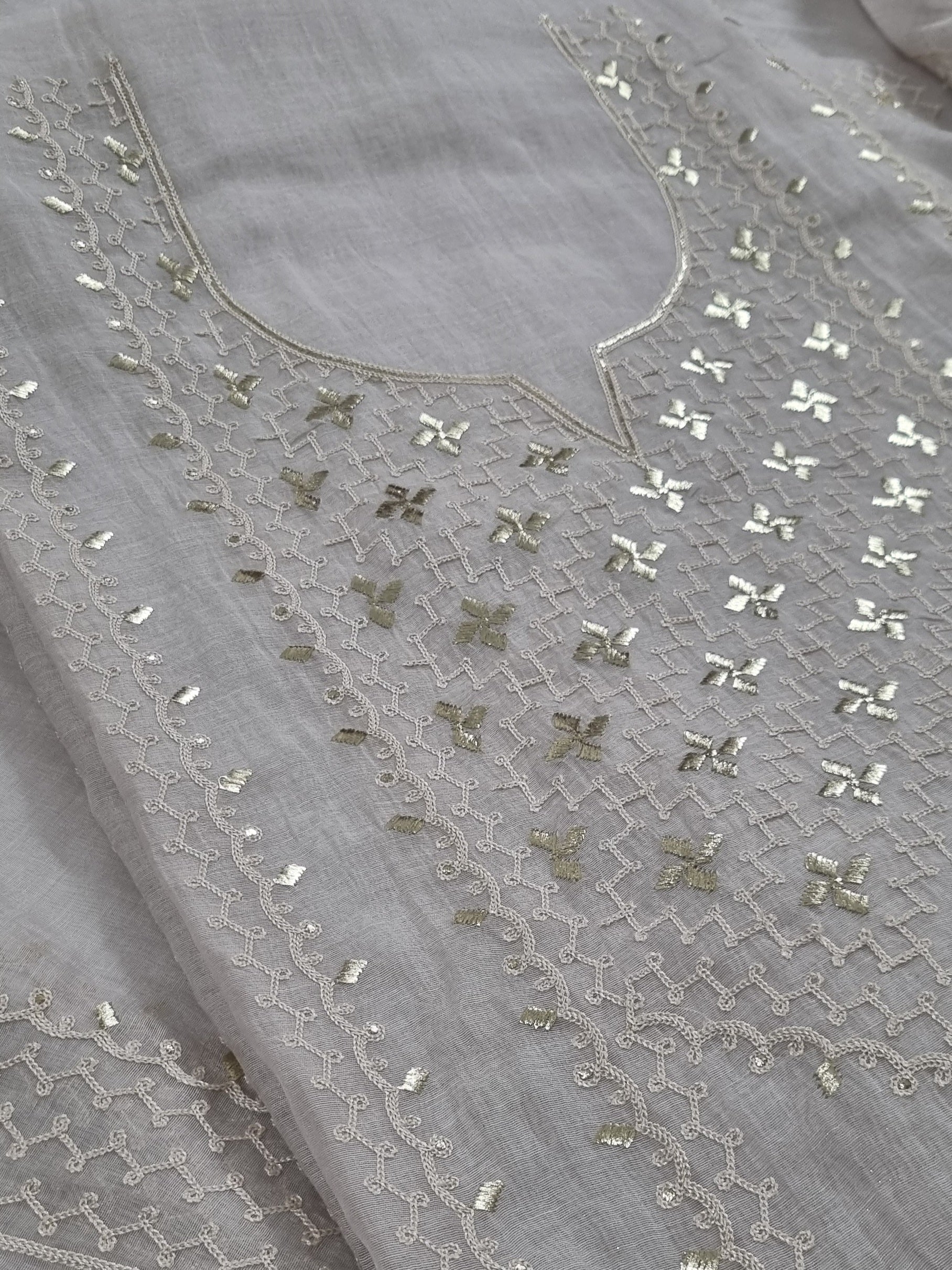 Chanderi Silk 3-Piece Unstitched Suit Set | Pita Work Embroidery | Indian Handloom