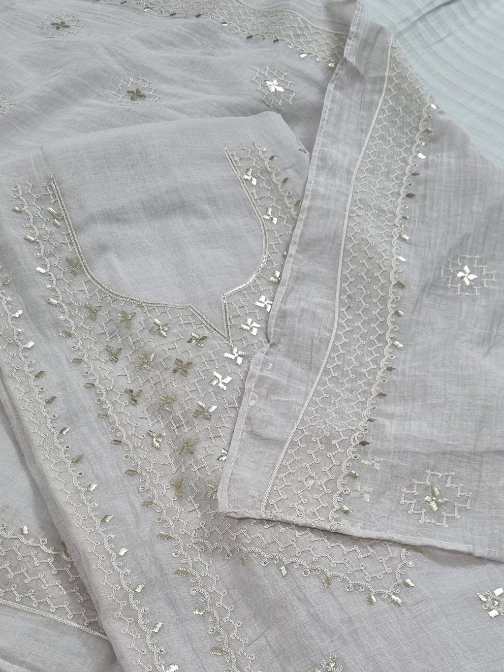 Chanderi Silk 3-Piece Unstitched Suit Set | Pita Work Embroidery | Indian Handloom