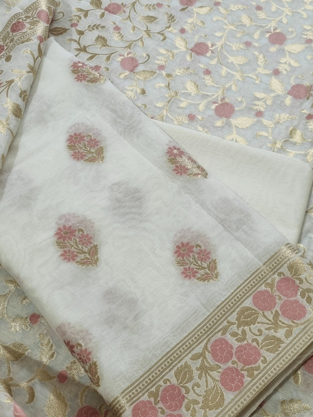 Cream and pink Banarasi woven Chanderi silk 3-piece unstitched suit set – front flat lay
