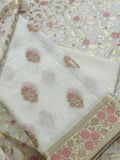 Cream and pink Banarasi woven Chanderi silk 3-piece unstitched suit set – front flat lay