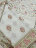 Cream and pink Banarasi woven Chanderi silk 3-piece unstitched suit set – front flat lay