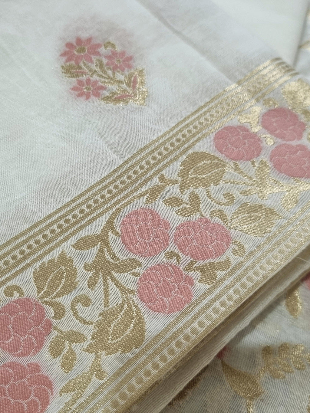 Cream and pink Banarasi unstitched suit set – top angle view