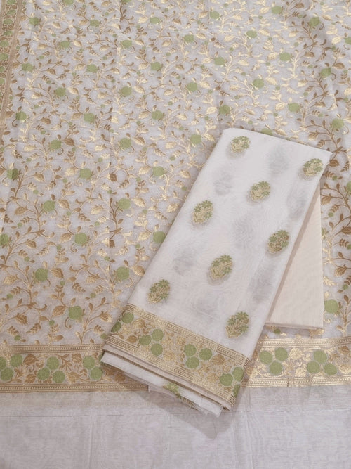 Cream and green Banarasi woven Chanderi silk 3-piece unstitched suit set – front flat lay